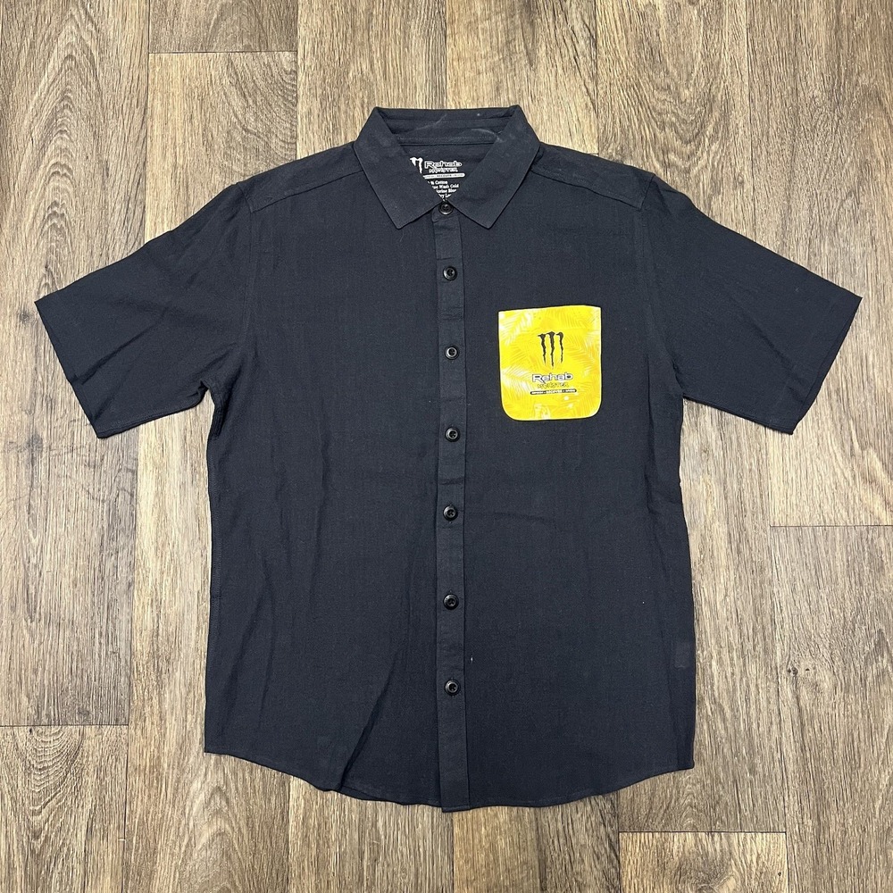 Rehab Monster Button Up Shirt Men Small Black Pocket Logo